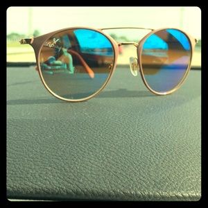 RayBan 52mm Gold Beige Round Sunglasses Blue Lens